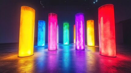 Wall Mural - Glowing colorful cylinders in dark room.