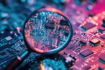 Poster - A magnifying glass reveals intricate details of a circuit board's complex electronic components and pathways.