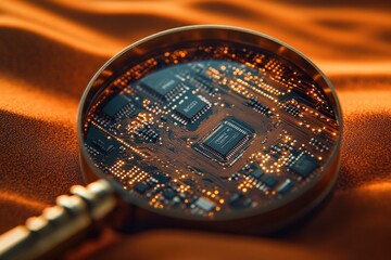 Poster - A magnifying glass reveals the intricate details of a circuit board, showcasing its complex electronic components.