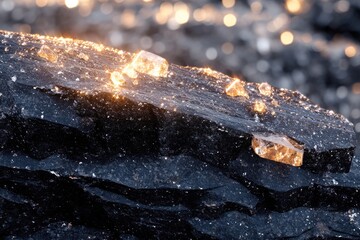 Fototapete - Glowing crystals embedded in dark rock, illuminated by sunlight, creating a mesmerizing scene.