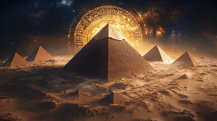 Wall Mural - pyramids forming a circular alignment, their tips pointing to the stars above, ancient symbols etche