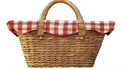 A woven wicker picnic basket with a red and white checked cloth lid, perfect for outdoor gatherings.