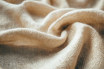 Poster - Close-up view of textured, beige burlap fabric with soft folds and wrinkles.