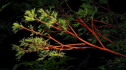 Wall Mural - Illuminated green leaves on red branches at night