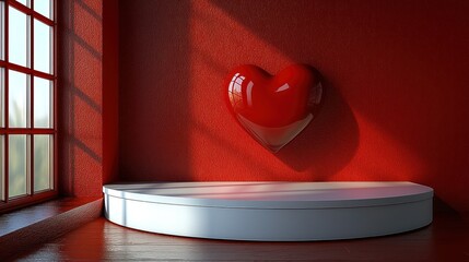 Wall Mural - Red heart on wall, empty podium by window, sunlit room