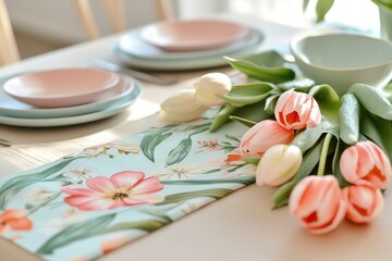 A dining table with a spring theme featuring a floral table runner, pastel plates, and fresh tulips