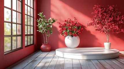 Wall Mural - Red room, plants, podium, window, sunny