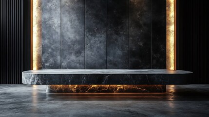 Wall Mural - minimalist 3d product table set in an empty studio against a sleek black wall featuring a concrete d