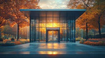 Canvas Print - Glass pavilion, autumn sunset, reflecting trees.