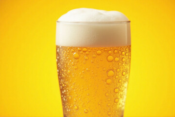 Wall Mural - glass of beer with golden color foam and rising bubbles on yellow background