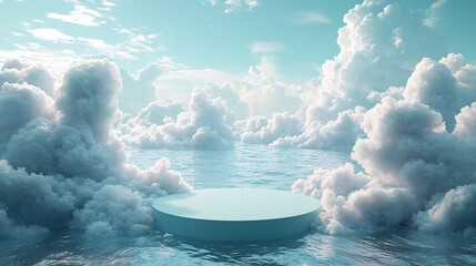 Wall Mural - mint green 3d podium set against a backdrop of light fluffy clouds the clean studio space is ideal f