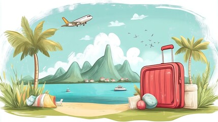 Wall Mural - Tropical Beach Vacation Luggage on Sandy Shore with Airplane