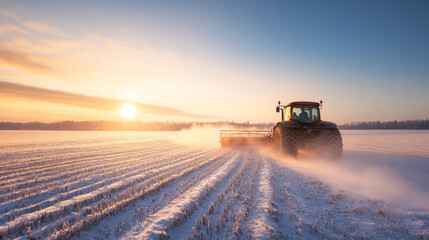 Wall Mural - winter sunrise revealing agricultural machinery spreading fertilizer across snow-covered farmland, g