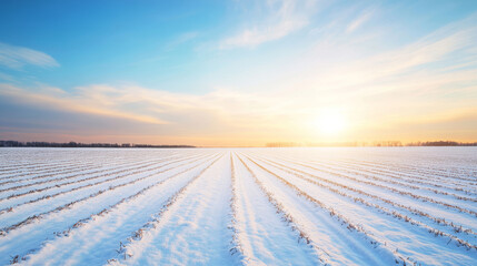 Wall Mural - Soft sunlight casting long shadows across snow-dusted symmetrical field rows, revealing winter landscape tranquility during golden hour