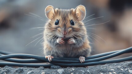 Wall Mural - playful scene of a mouse munching on tangled electrical wires set against a sleek gray minimalistic 