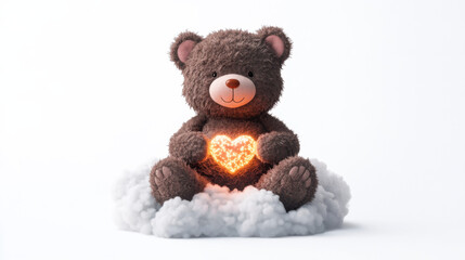 A cuddly bear plush with chocolate brown fur and soft pink paw pads, holding a small glowing heart, sitting on a fluffy white cloud with playful glowing sparkles. Clear white background