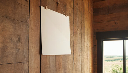 A4 paper mockup on a rustic wooden wall with warm sunlight