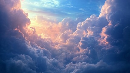 Wall Mural - beautiful scenic clouds illuminated by sunlight against blue sky, stunning nature background with de