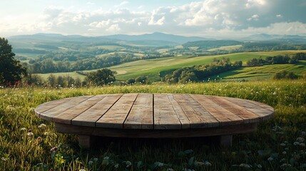 Wall Mural - Rustic wood podium set against a vibrant green field and farm backdrop serving as an empty mockup platform for showcasing animals or agricultural products in a serene landscape