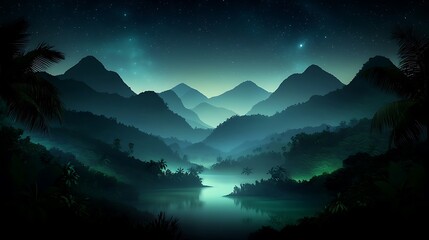 Wall Mural - Serene night landscape with mountains and a river reflecting starlit sky in the background