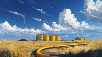 Wall Mural - A dramatic composition with a yellow gas pipe curving towards gas storage tanks, under a blue sky highlighted by white, wispy clouds