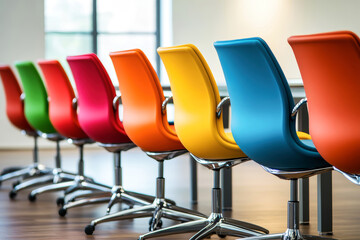 Wall Mural - Brightly colored office chairs create an inviting atmosphere in a modern conference room filled with light