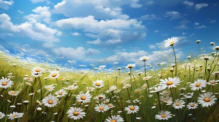 Wall Mural - Vibrant field of white daisies blowing in the soft summer breeze creating a serene and peaceful natural landscape