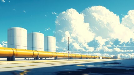 Wall Mural - A modern yellow gas pipeline against a background of white gas storage tanks and a vivid blue sky with light, fluffy clouds