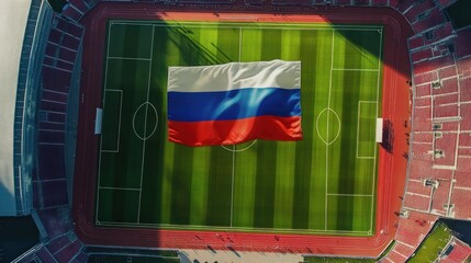 A realistic image of the waving Russia flag positioned above a football pitch, capturing the pride and heritage of the Russia soccer team