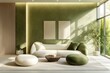 © Aymen - A serene living room in moss green and ivory with smooth textures and natural lighting