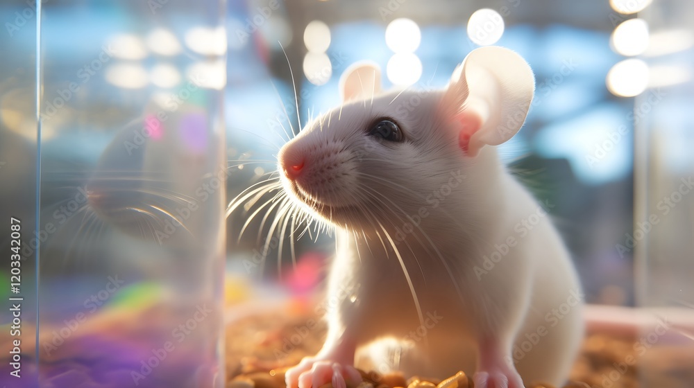 A lab mouse housed in a brightly illuminated transparent enclosure used ...