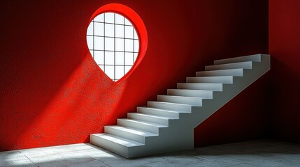 Wall Mural - White stairs ascending towards unique window in red room