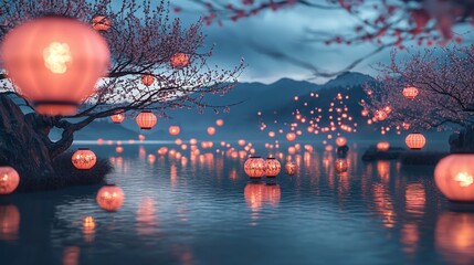 Canvas Print - Glowing lanterns float on serene lake under blossoming trees at dusk.