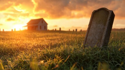 Wall Mural - A tombstone in a grassy field with a house in the background