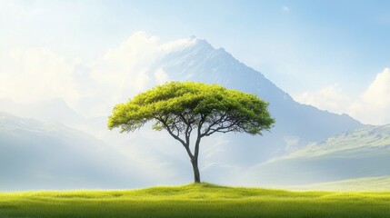 Wall Mural - A lone tree in the middle of a grassy field with mountains in the background