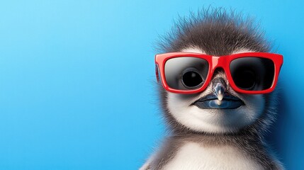 Wall Mural - A baby penguin wearing red sunglasses on a blue background