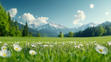 Wall Mural - A field of daisies in front of a mountain range