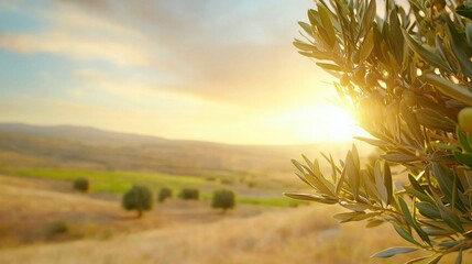 Wall Mural - olive tree with the sun setting in the background