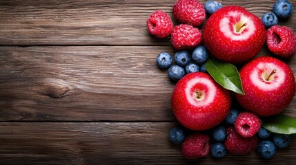 Wall Mural - A bunch of red apples, raspberries and blueberries on a wooden table