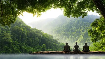 Wall Mural - A group of buddha statues sitting on top of a rock in the middle of a lake