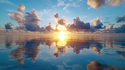 Wall Mural - A sunset over the ocean with clouds reflecting in the water