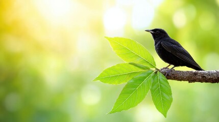 Wall Mural - A black bird sitting on top of a tree branch