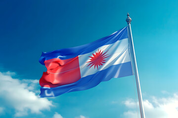 Wall Mural - Waving flag of Nepal in blue sky. Nepal flag for independence day. The symbol of the state on wavy fabric.