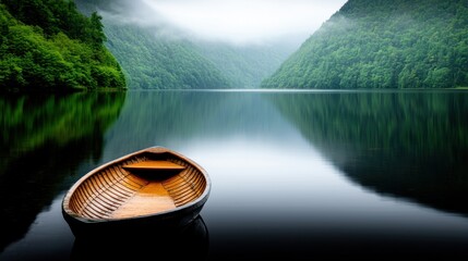 Wall Mural - A wooden boat sitting on top of a lake surrounded by trees