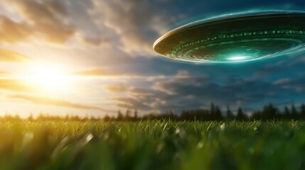 Wall Mural - A green flying saucer flying over a field of grass