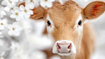 Wall Mural - A brown and white cow standing in front of a bunch of white flowers