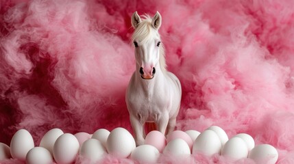 Wall Mural - A white horse standing in a pile of white eggs