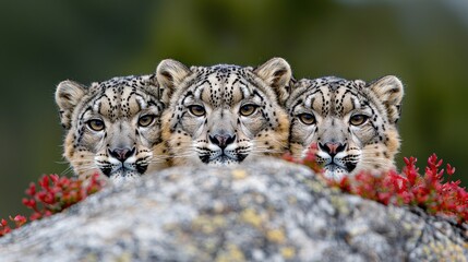 Wall Mural - Three snow leopards sitting on top of a large rock