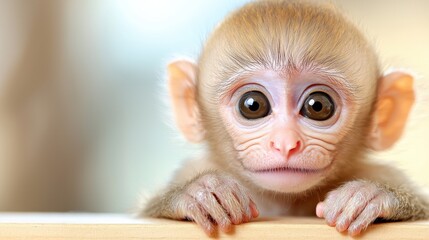 Wall Mural - A small monkey peeking over a wooden table