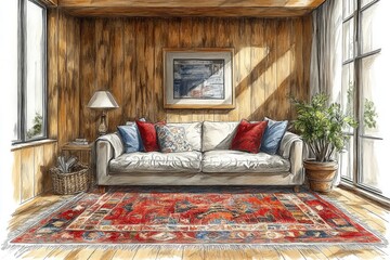 Sticker - Sunlit room, wooden walls, couch, rug, plant.